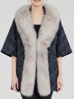 Vintage Fur Trim Rose Brocade Half Sleeve Jacket